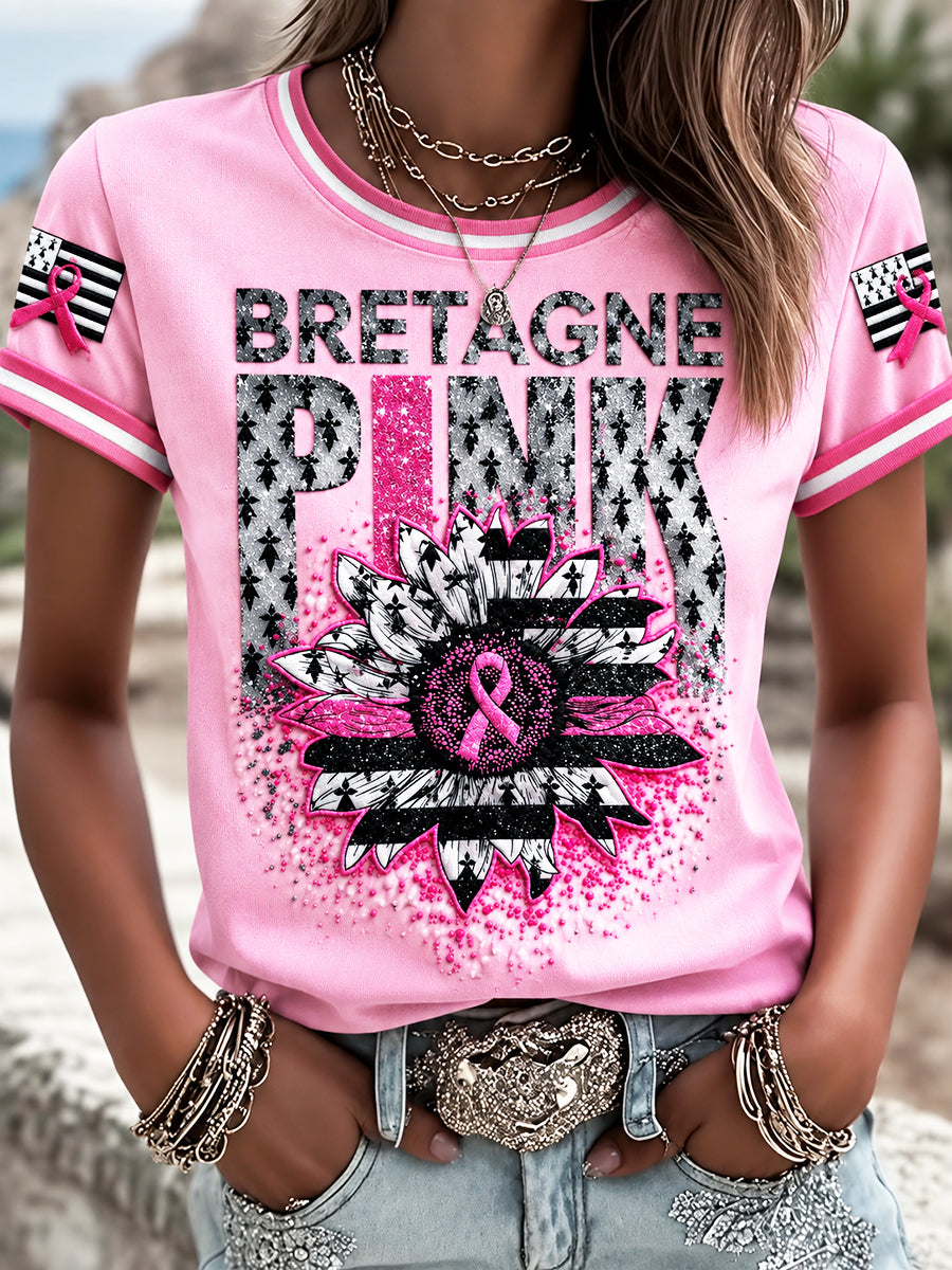 T-shirt décontracté femme rose à imprimé octobre, style breton, sensibilisation au cancer du sein