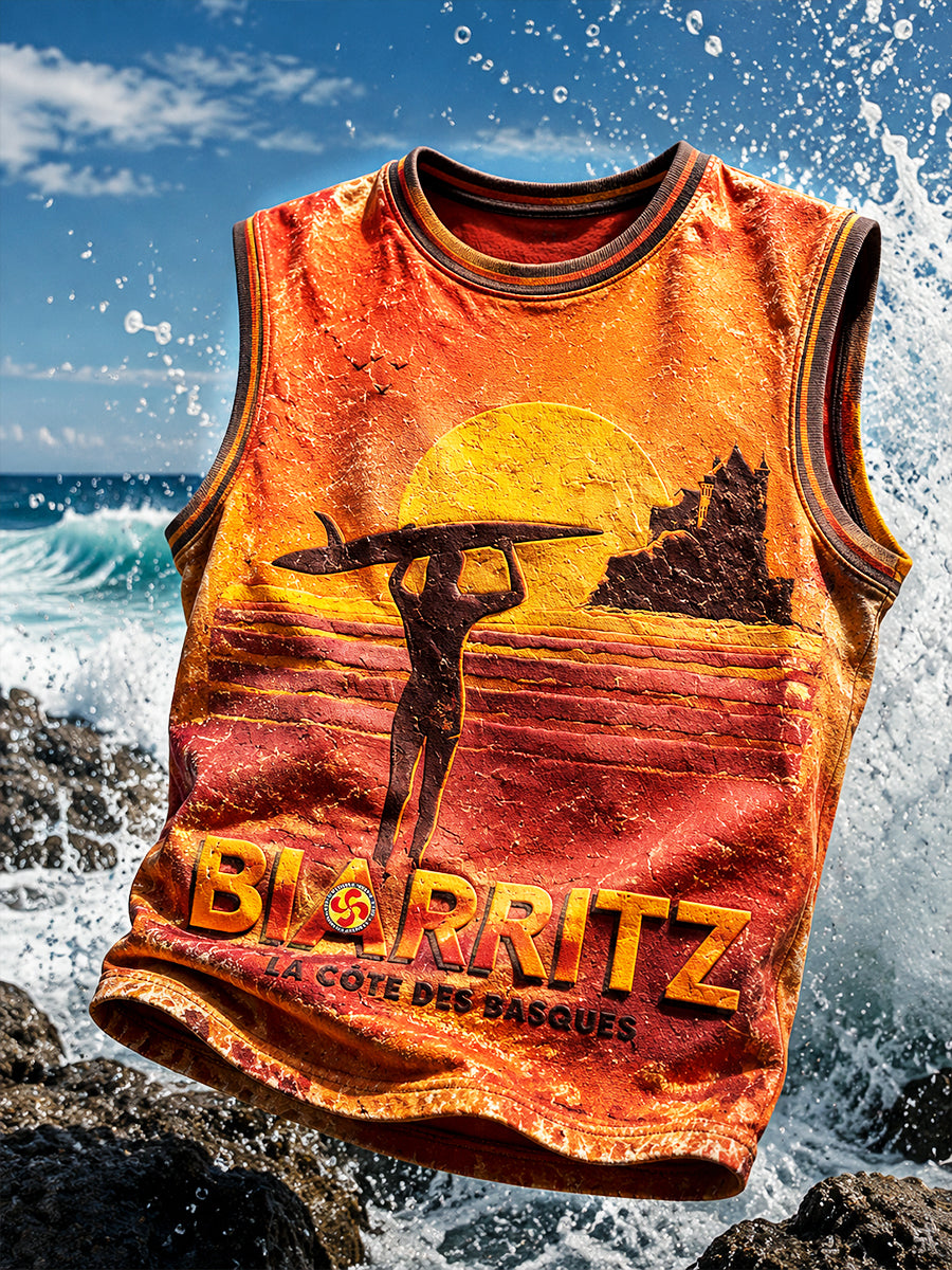 Gilet Décontracté Homme Vintage Orange Basque Français Imprimé Surf