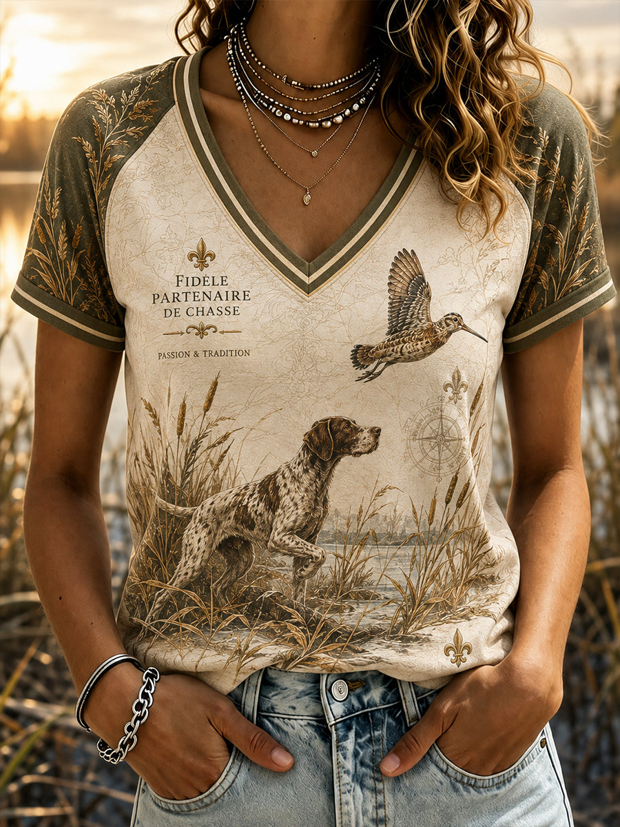T-shirt femme à col en V et épaules dénudées, manches courtes, saison de la chasse française