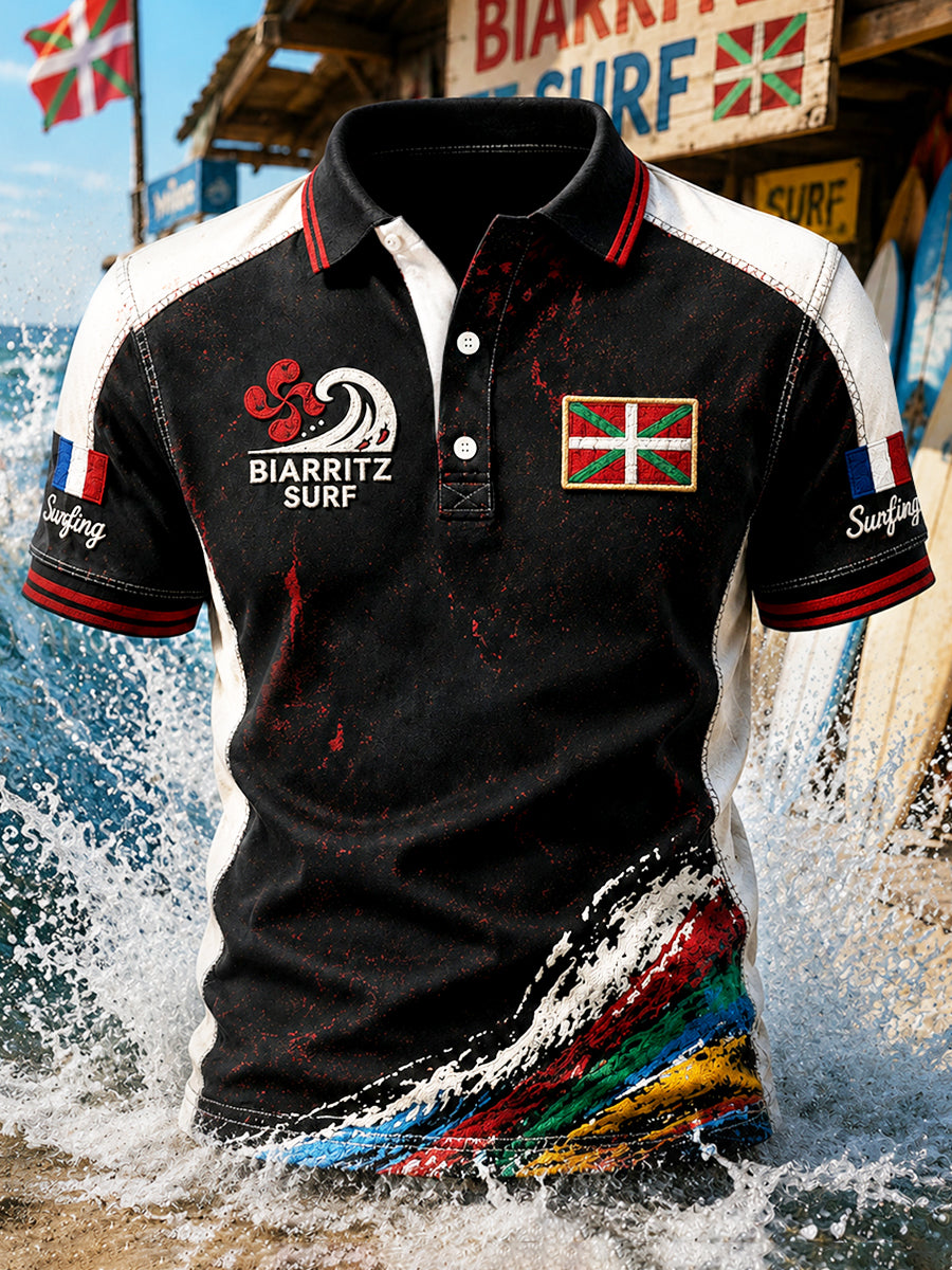 Polo décontracté pour homme, noir, style basque français, imprimé graffiti de surf