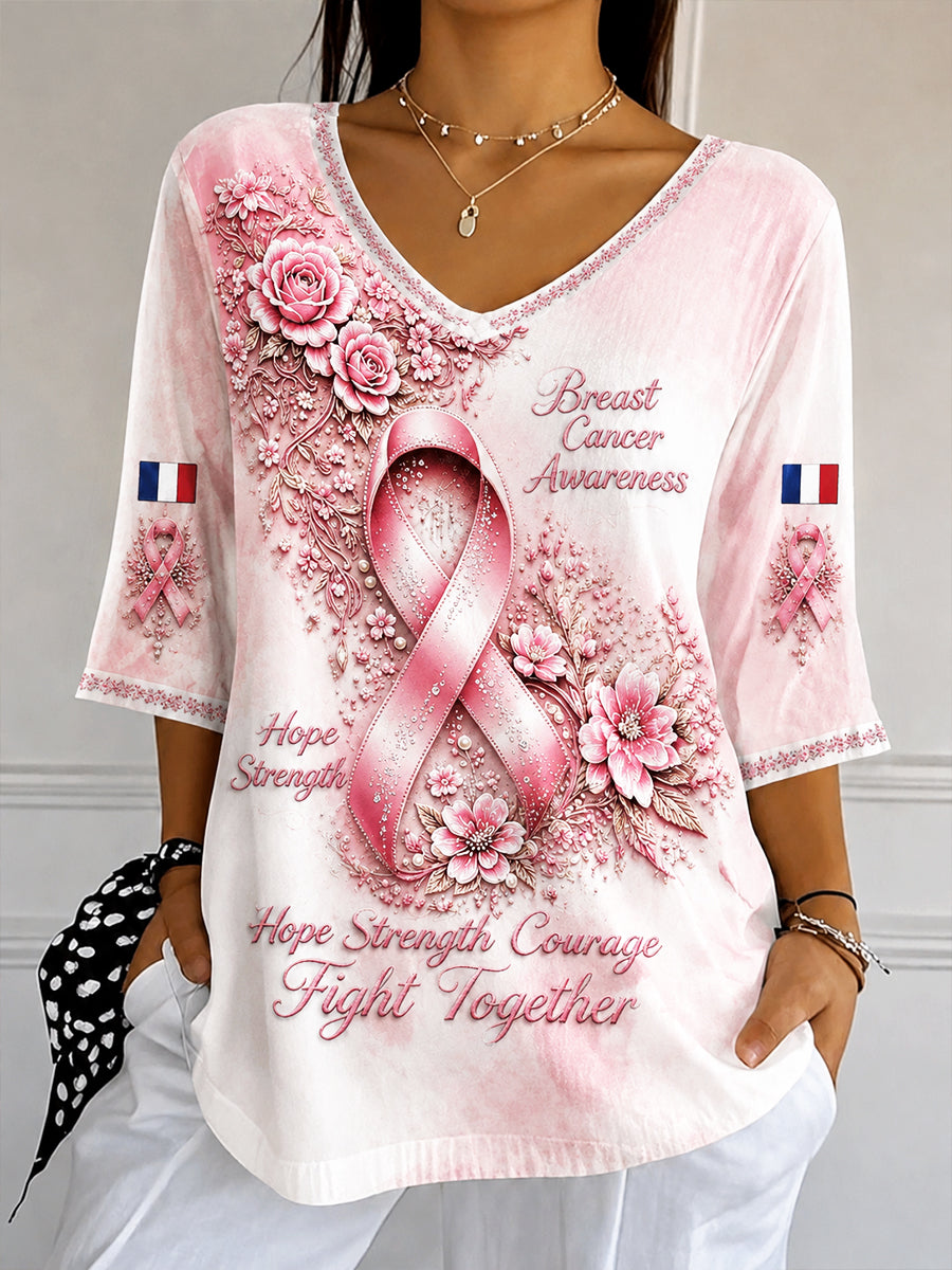 T-shirt femme en coton-lin, décontracté et tendance, à imprimé floral dégradé inspiré du cancer du sein en France