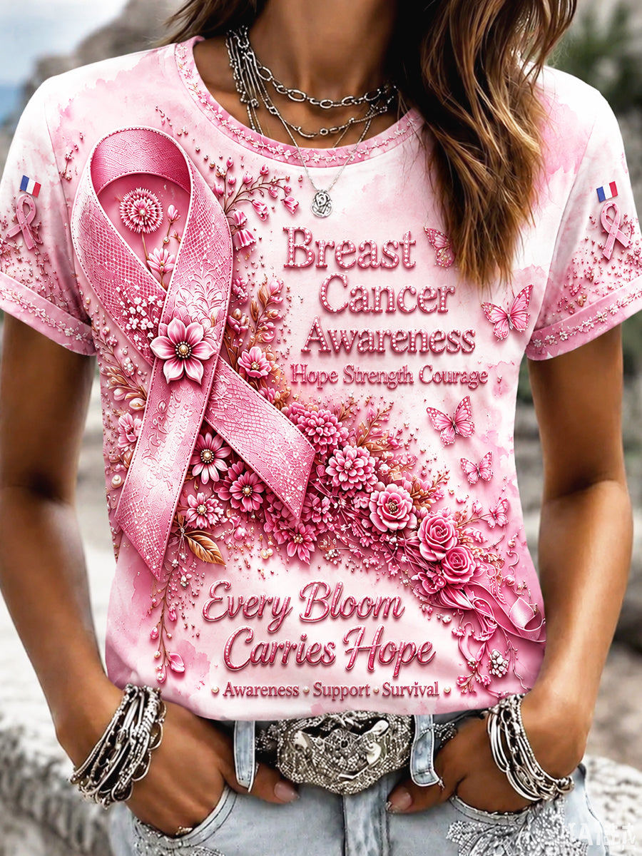 T-shirt Décontracté Femme Rose Français Cancer Du Sein Floral 3D-Printed