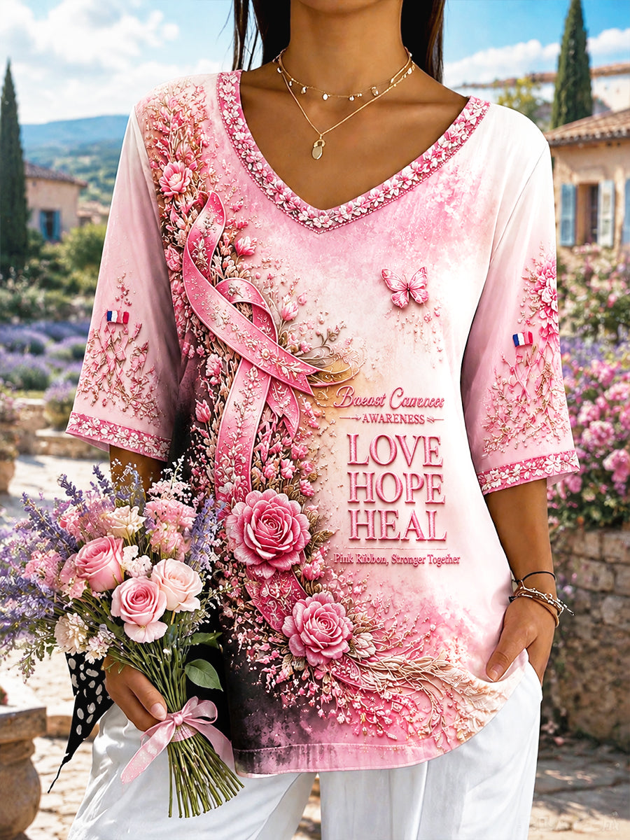 T-shirt à col en V léger Dégradé rose à imprimé floral pour femmes
