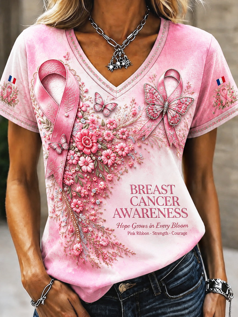 T-shirt à col en V Dégradé rose à imprimé floral pour femmes, à la française