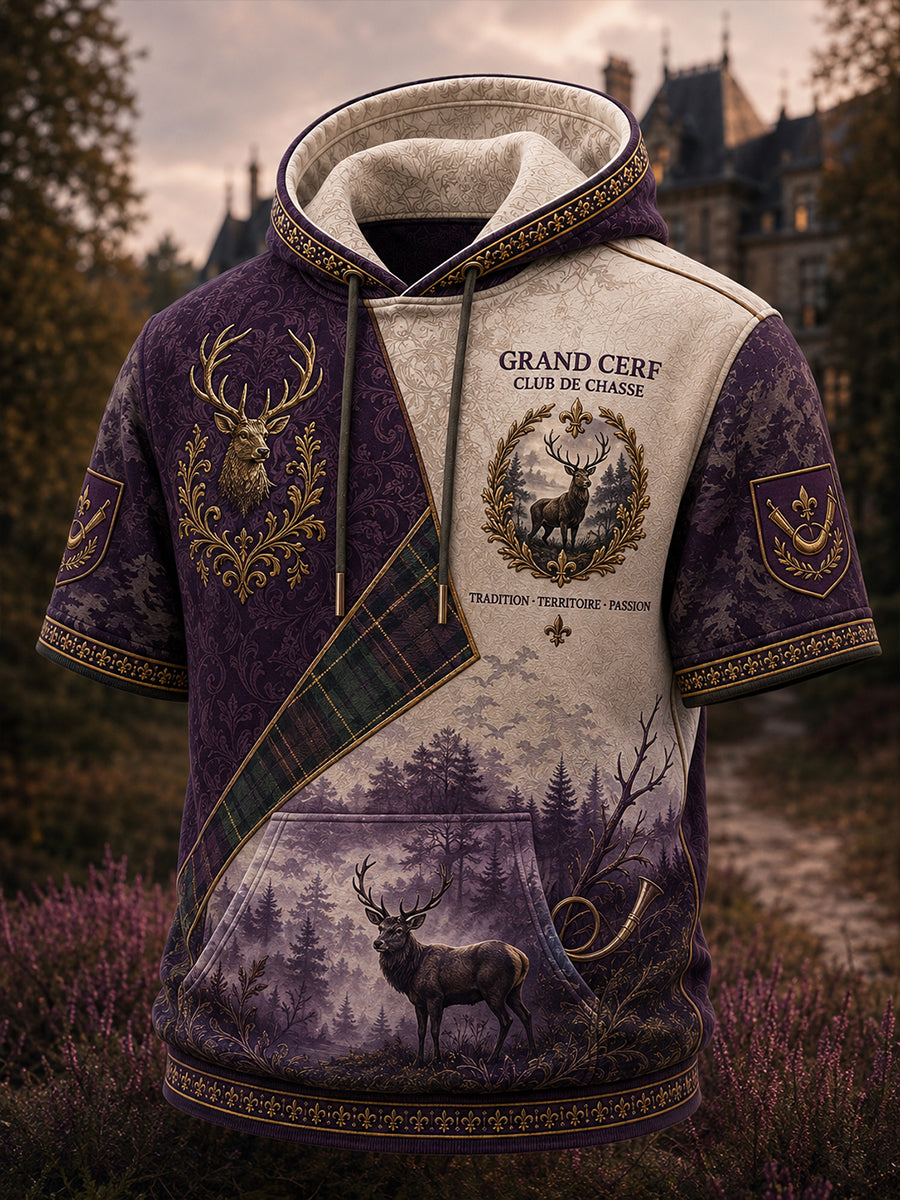 Sweat à capuche décontracté à manches courtes pour homme, motif chasse à la française