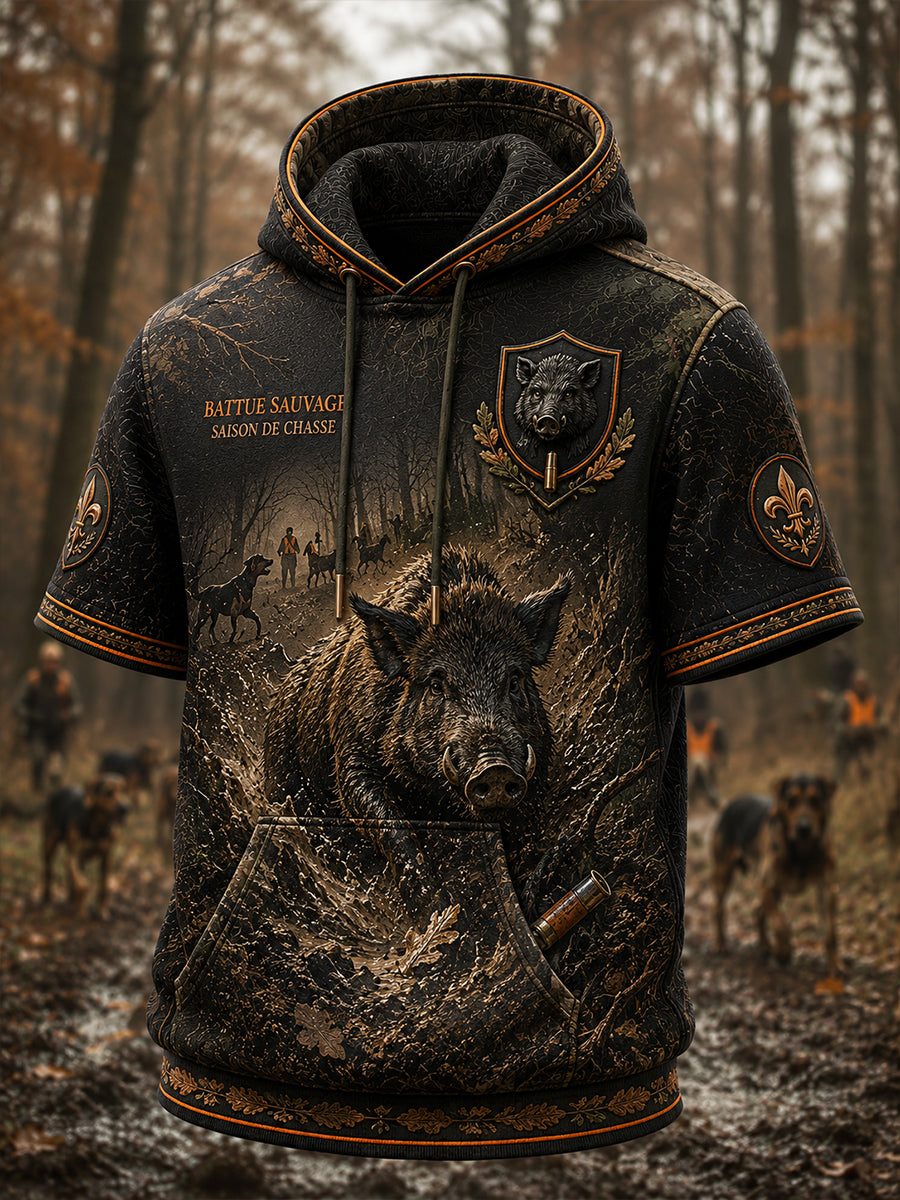 Sweat à capuche décontracté à manches courtes imprimé saison de chasse française pour hommes