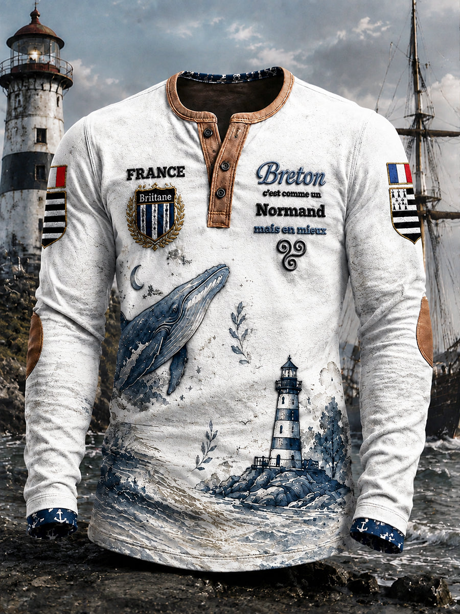 Sweat-shirt décontracté blanc à col Henley et imprimé breton pour homme