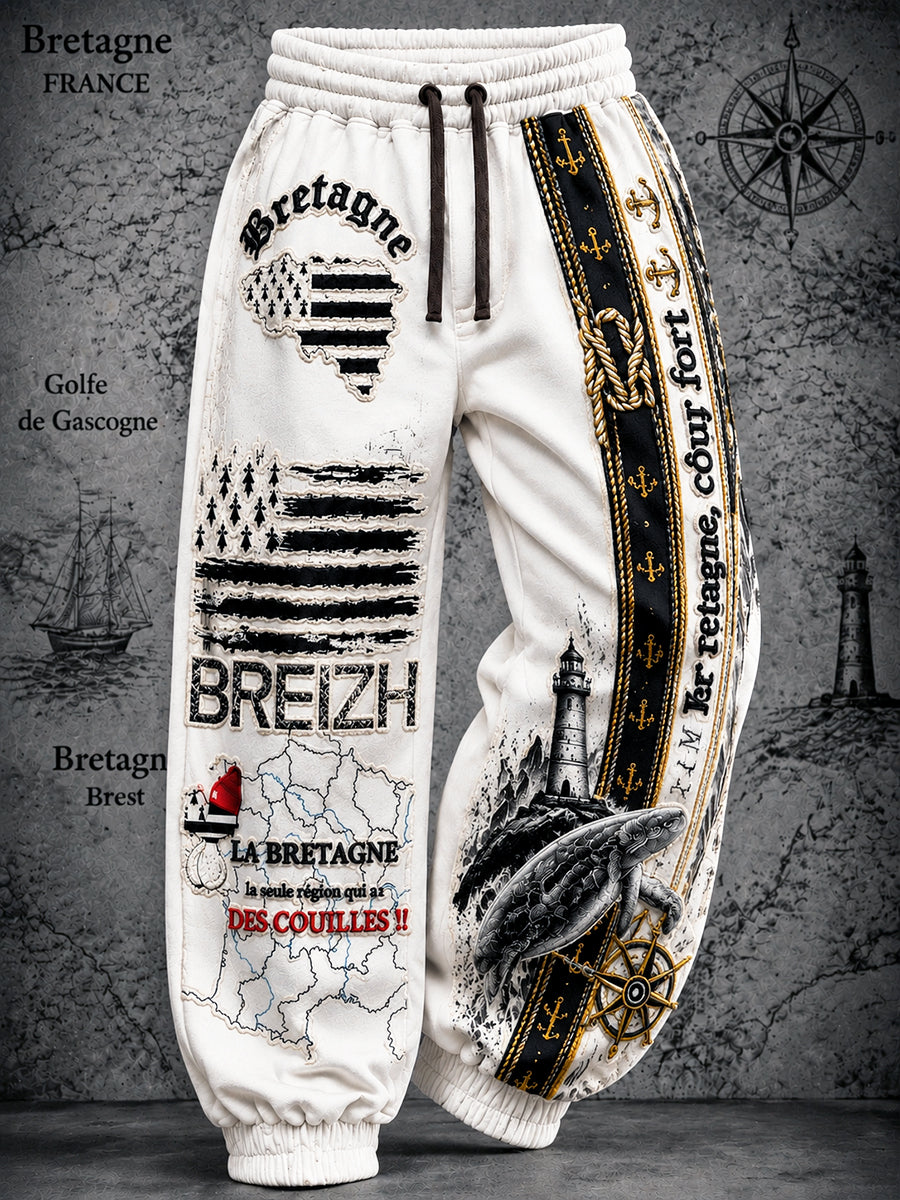 Pantalon de sport décontracté à imprimé vintage de style breton blanc pour homme