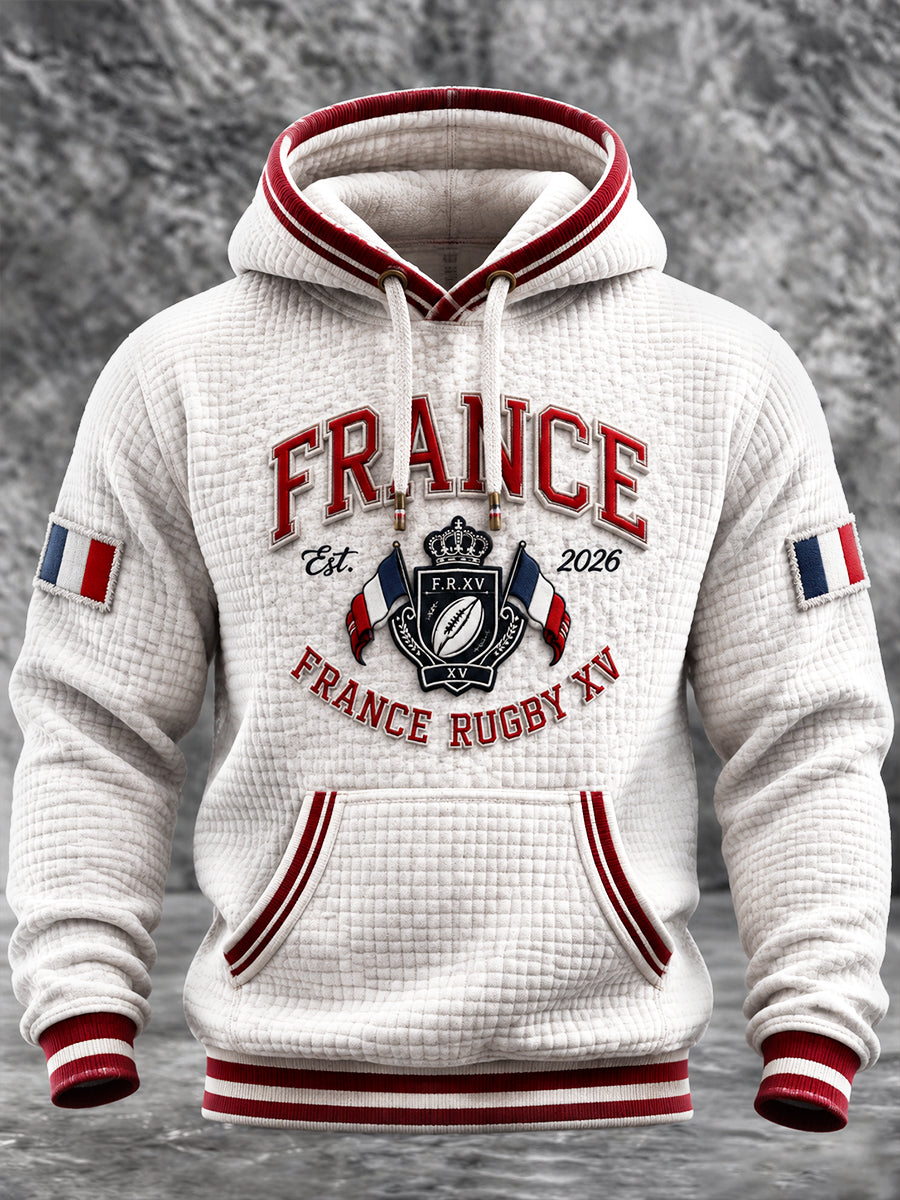 Homme Vintage Blanc Français Automne Rugby Imprimé Carreaux Coton Sweat À Capuche