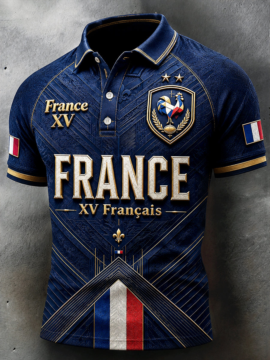 Polo décontracté à imprimé de rugby à l'automne français bleu foncé pour hommes
