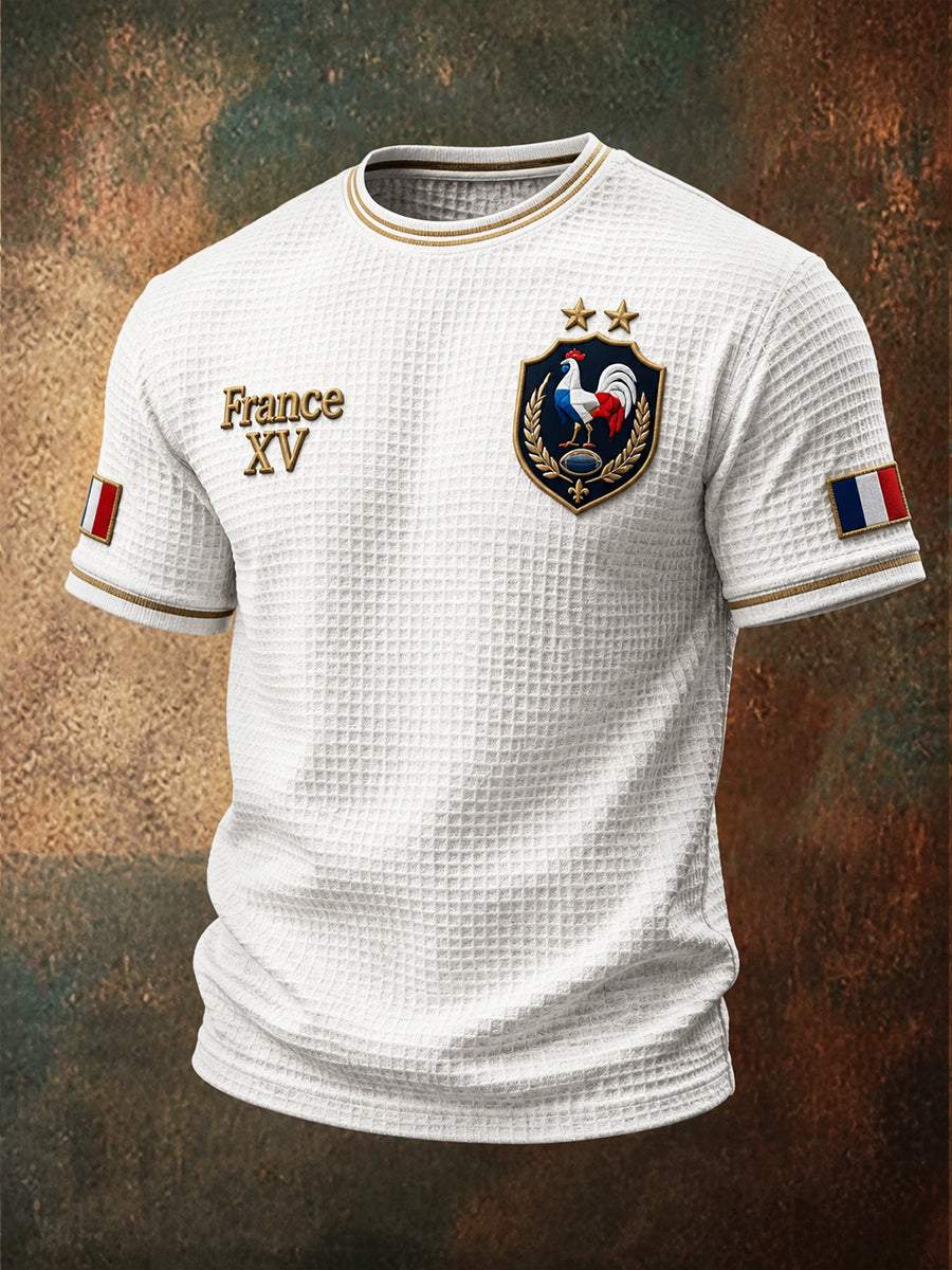 T-shirt décontracté minimaliste gaufré à imprimé rugby automne français blanc pour homme