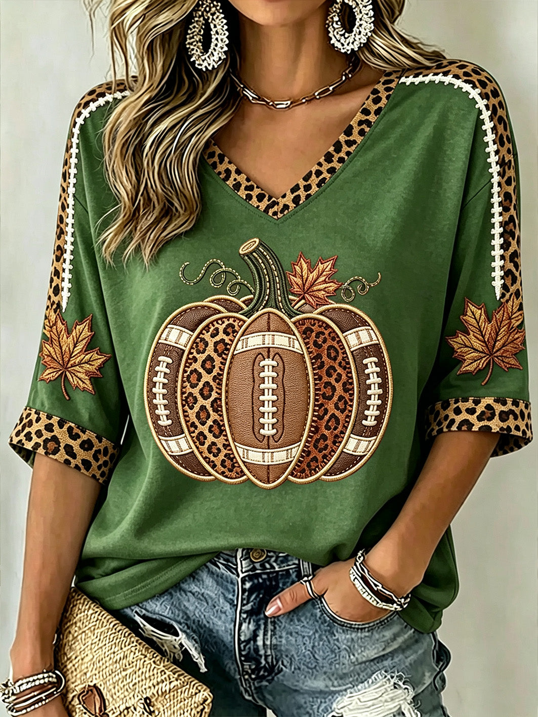 T-shirt à manches mi-longues à motif de citrouille d'automne pour femmes