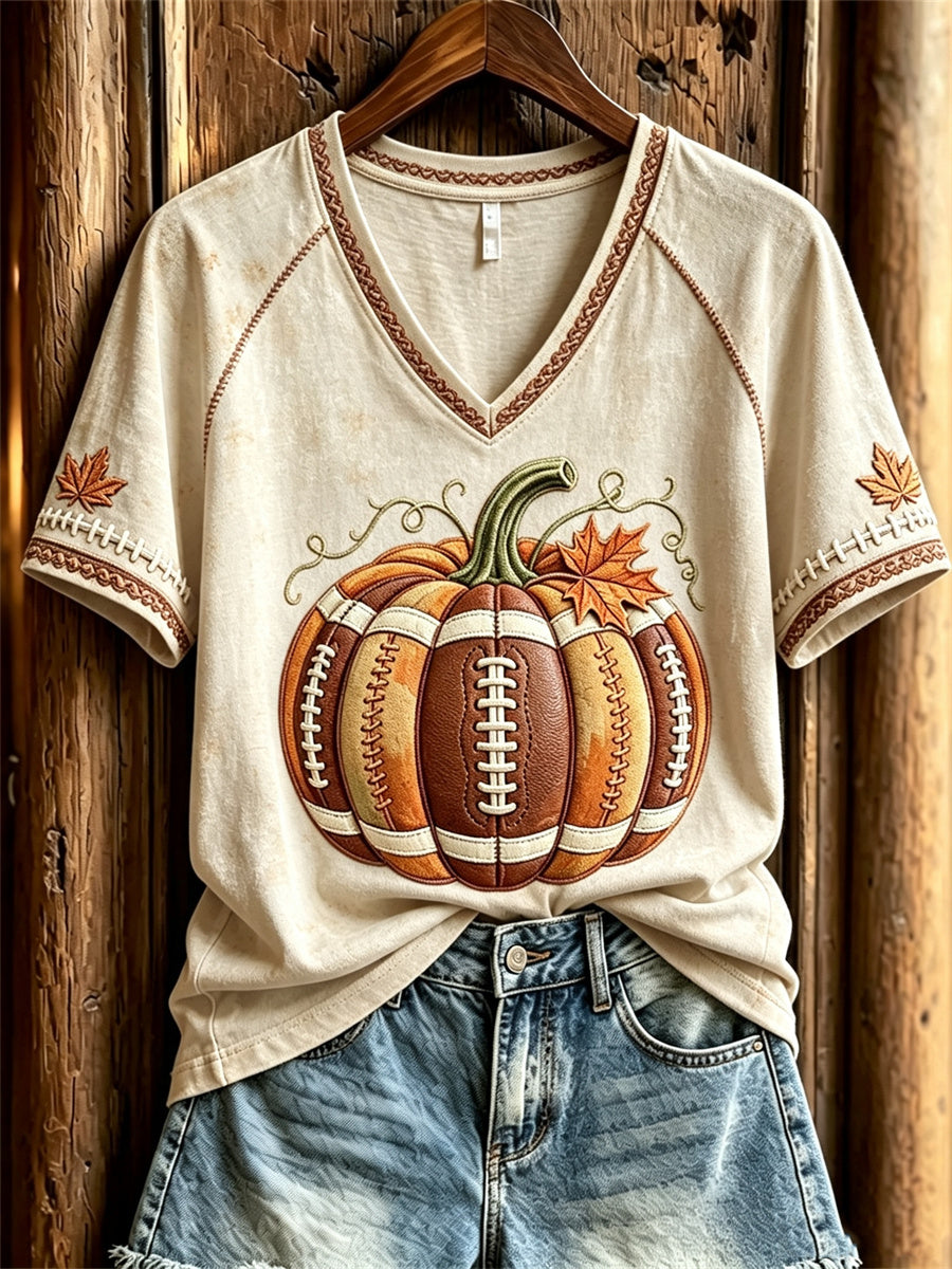 T-shirt à manches courtes automne inspiré du football féminin, avec imprimé citrouille