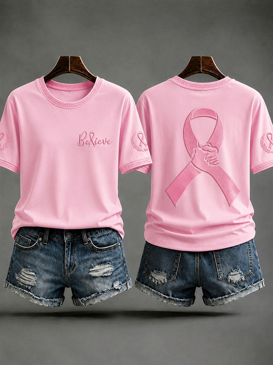 T-shirt décontracté pour femmes "Believe" Prévention et sensibilisation au cancer du sein