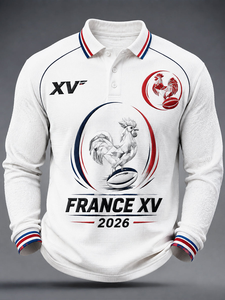 Polo blanc à manches longues pour homme, style décontracté, motif coq français, collection automne rugby