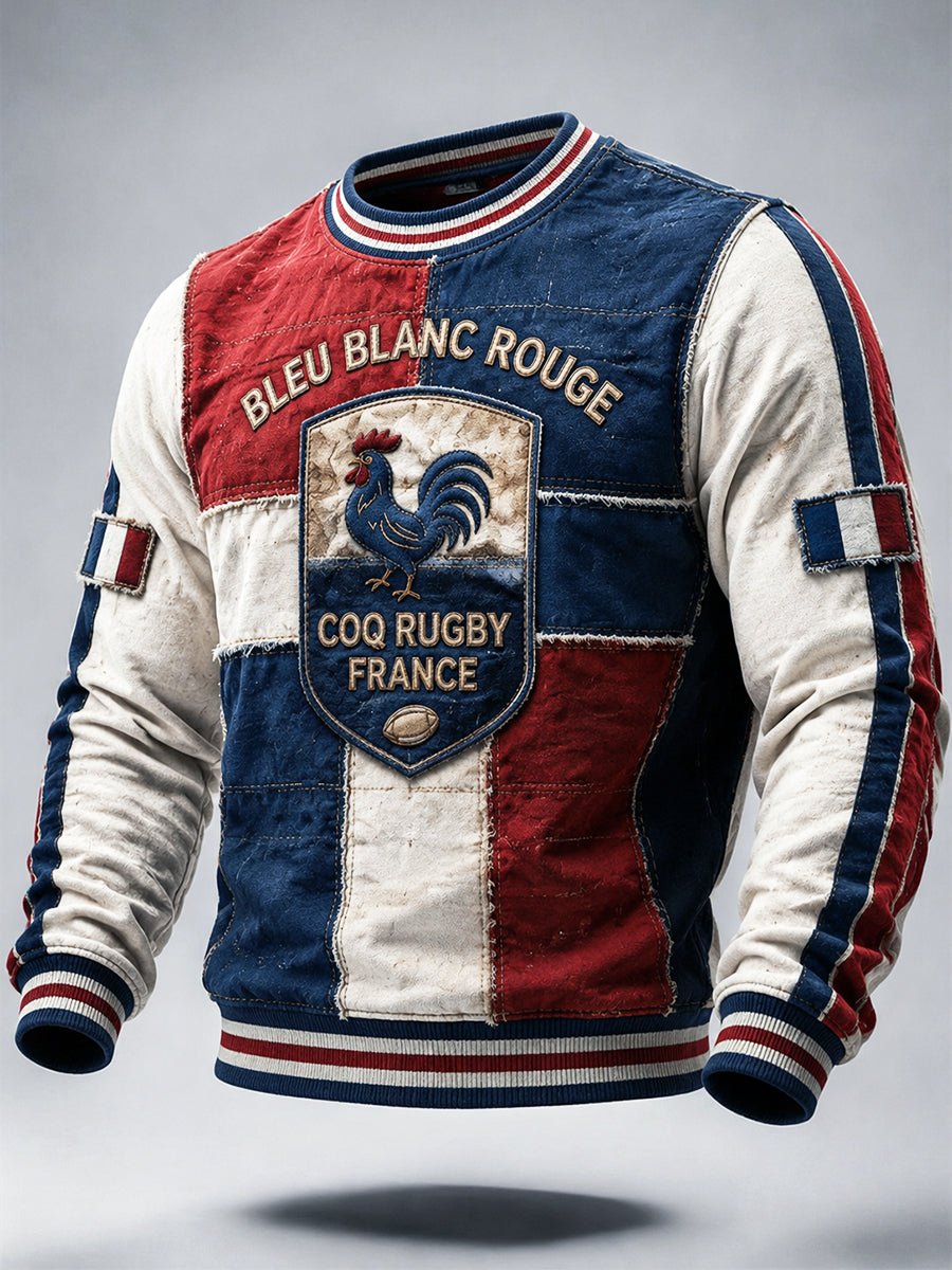Sweat à capuche imprimé patchwork français coq automne rugby pour hommes