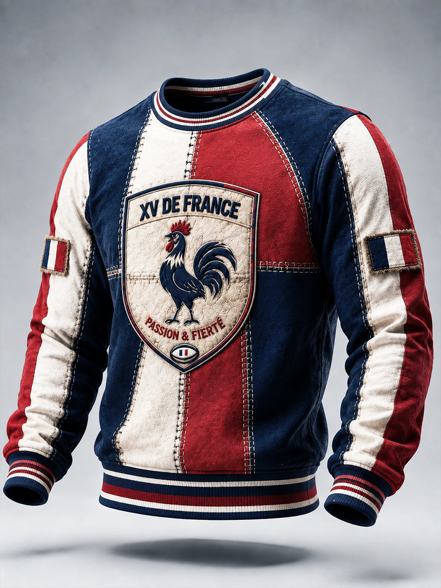 Hommes de Vintage Français Coq Automne Rugby Patchwork Imprimer Hoodie