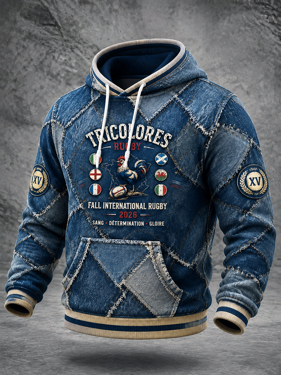 Sweat-shirt décontracté à capuche pour homme, d’inspiration rugby, effet denim, collection automne française
