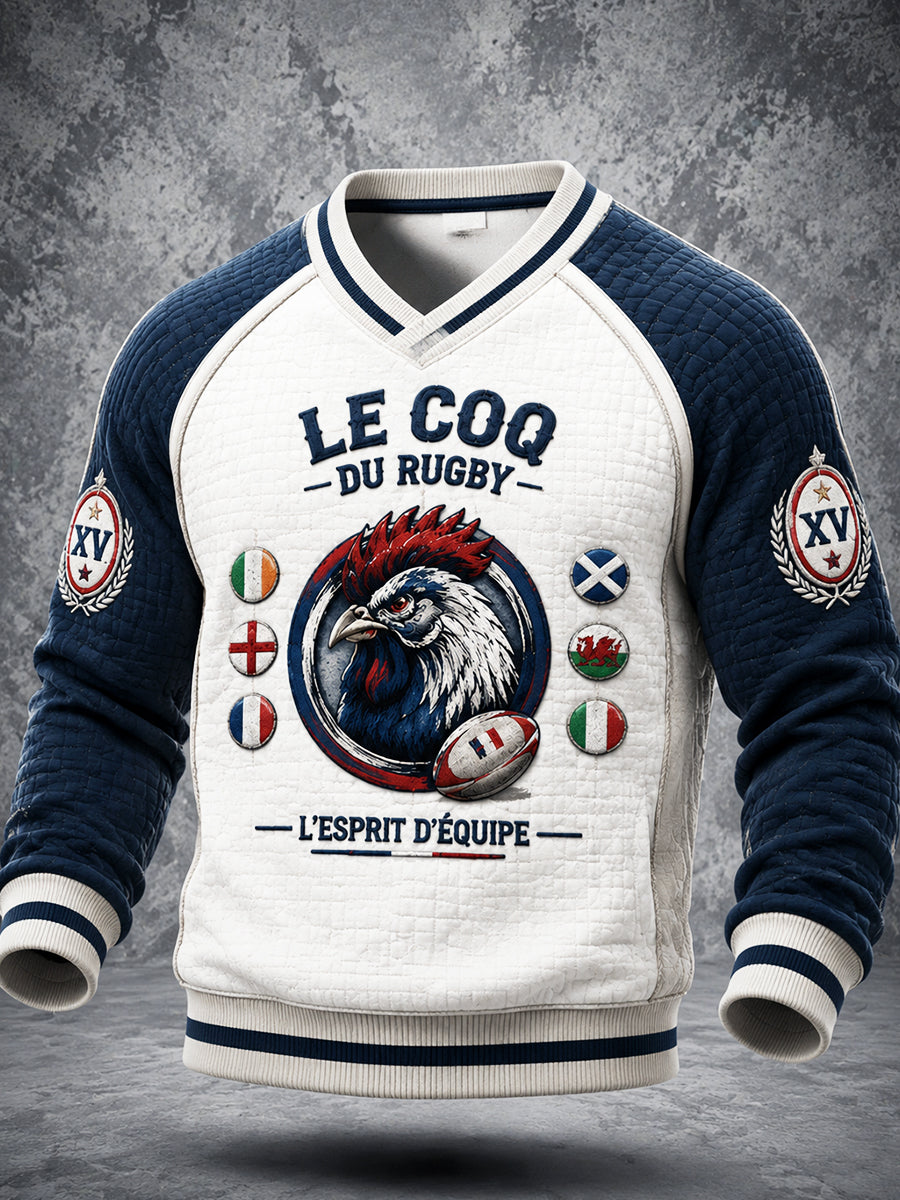 Sweat-shirt décontracté à col en V pour homme, imprimé patchwork, style français, saison automnale, Tournoi des Six Nations de rugby