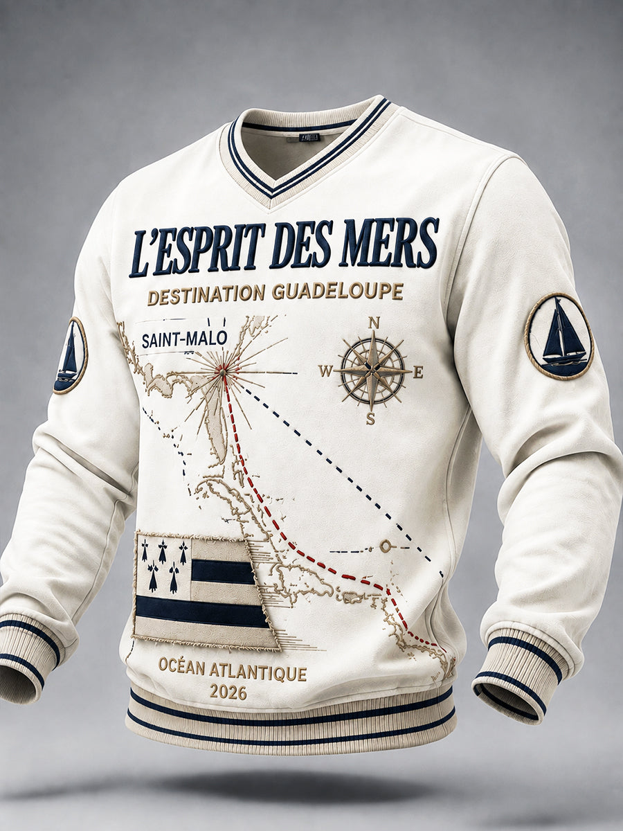 Sweat-shirt décontracté à col en V pour homme, blanc, imprimé «Route du Rhum» style breton