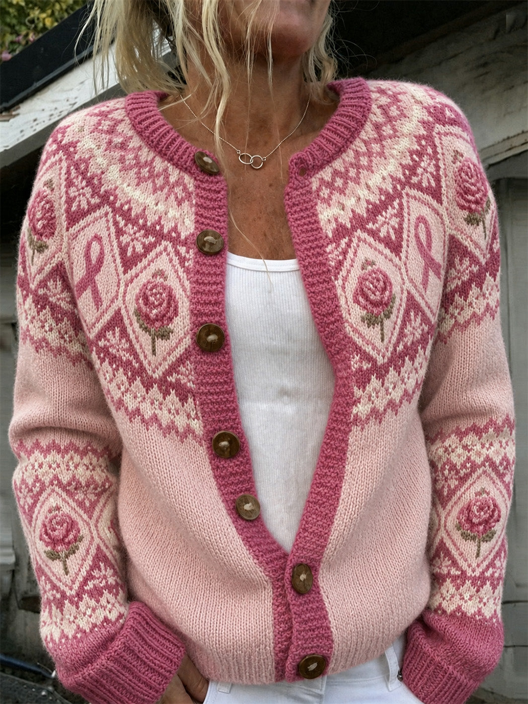 Gilet tricoté décontracté style cardigan pour femme, à motif floral rose et ruban de la solidarité rose imprimés