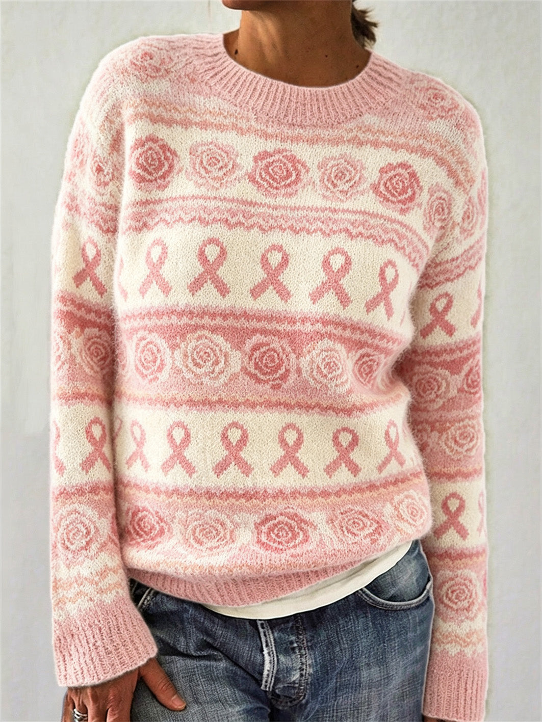 Pull décontracté à manches longues pour femme, imprimé d’un motif floral rose et d’un ruban de la solidarité rose