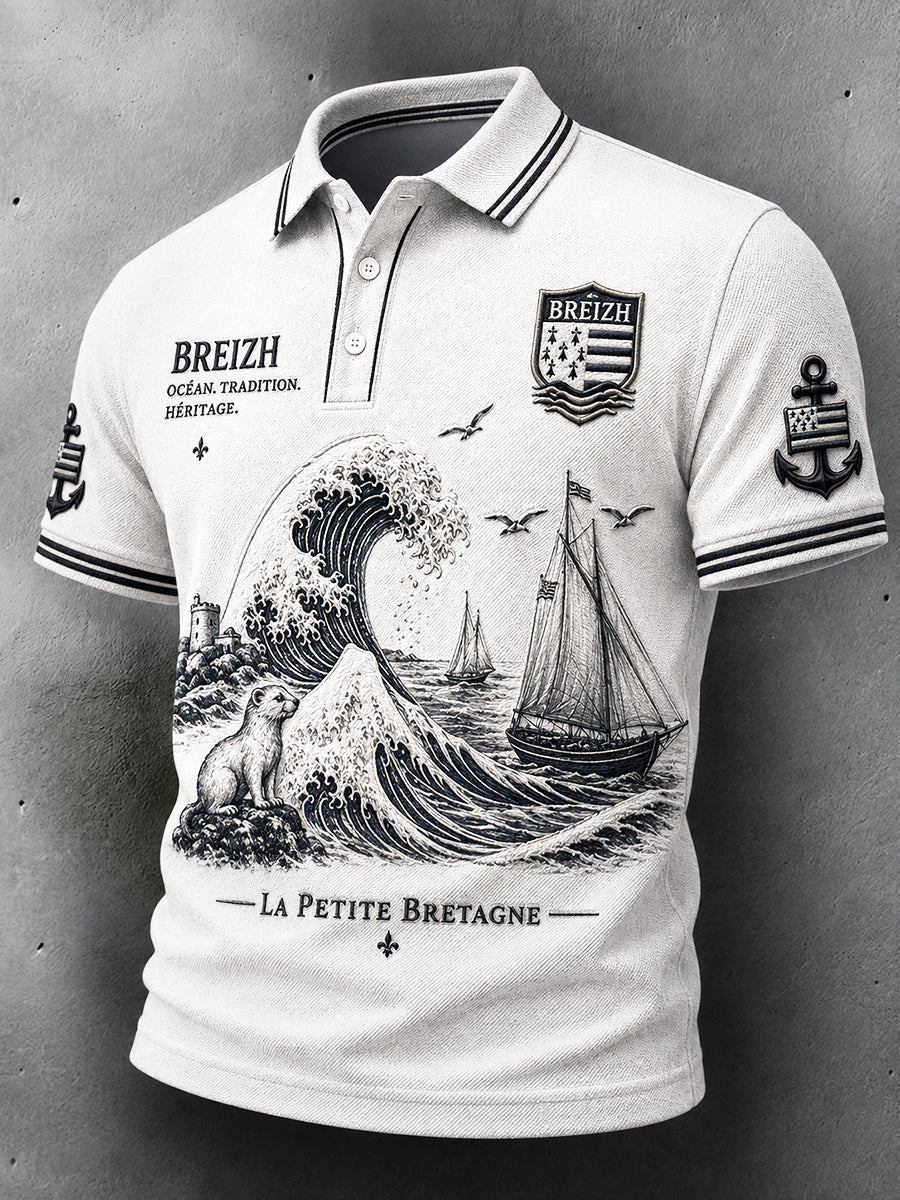 Polo homme blanc à imprimé marin breton français, décontracté et professionnel
