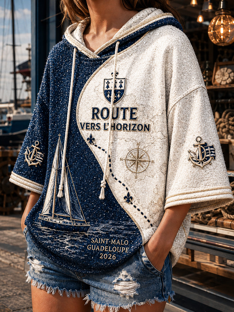 Sweat-shirt à capuche décontracté imprimé patchwork pour la course de voile «Route du Rhum féminine»