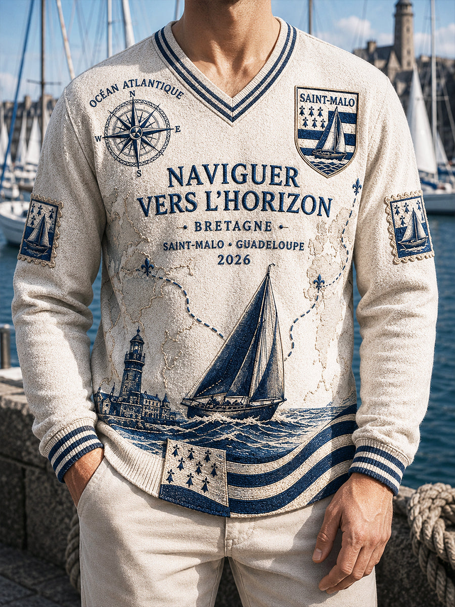 Sweat-shirt doux à col en V pour homme, imprimé Course de voile sur la Route du Rhum en blanc cassé