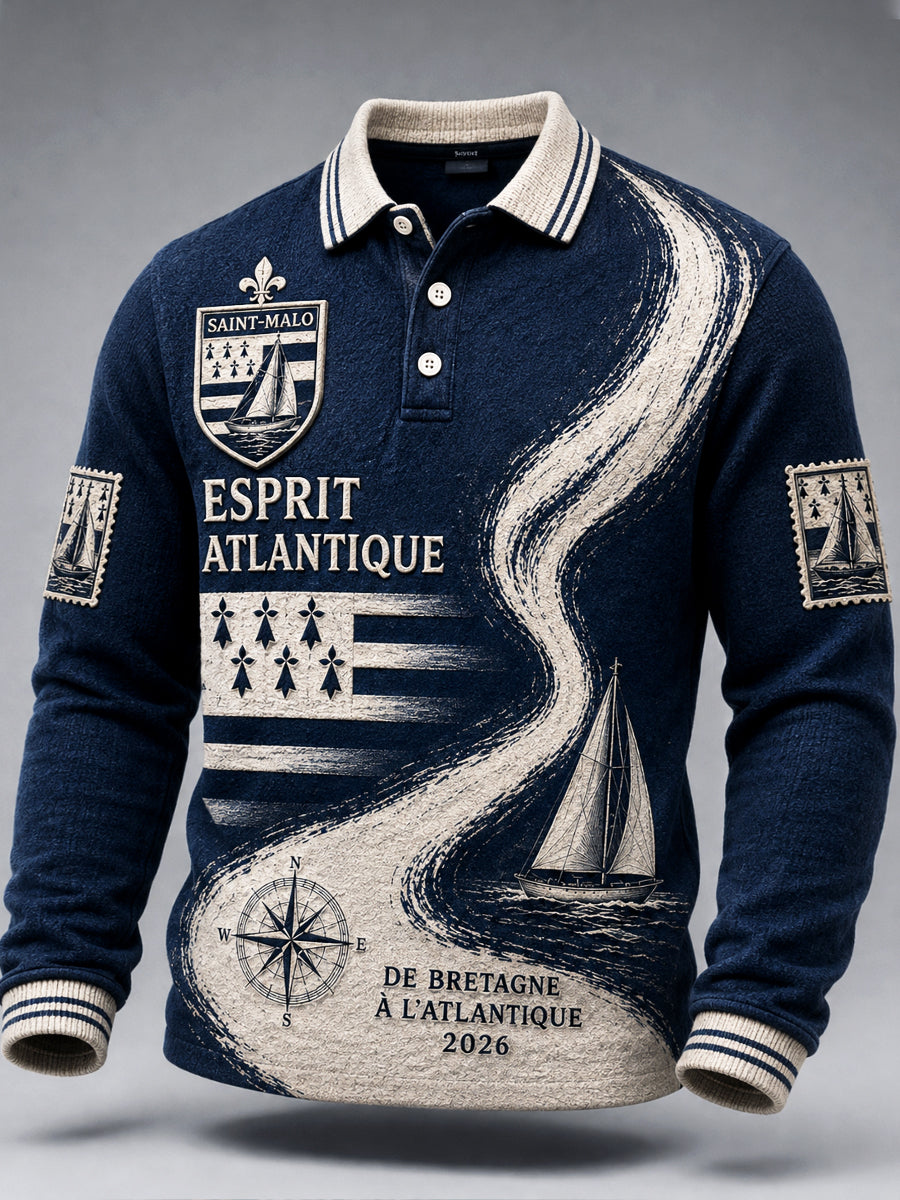Polo à manches longues d’automne précoce pour homme, imprimé de la Route du Rhum en bleu marine profond