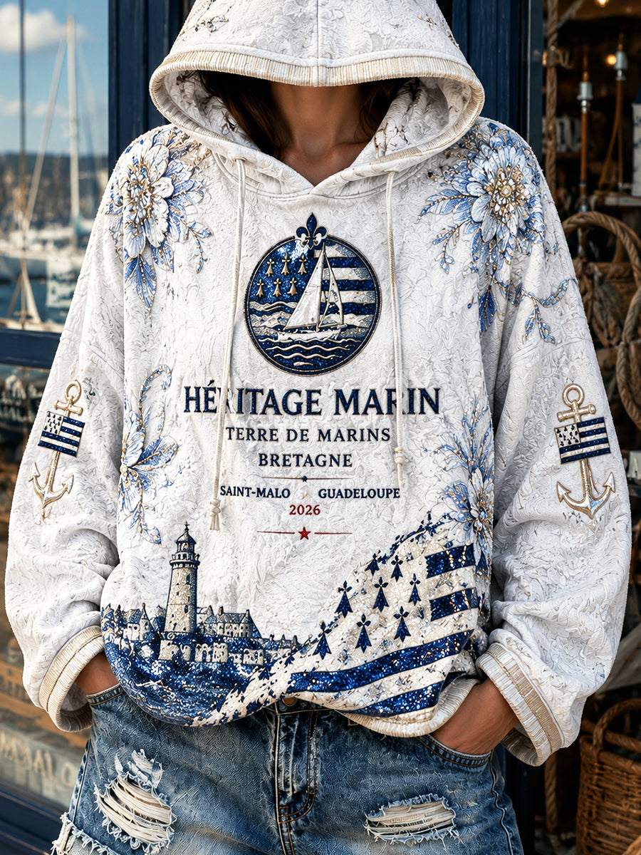 Sweat-shirt à capuche décontracté imprimé pour la course de voile féminine sur la Route du Rhum française, couleur blanche