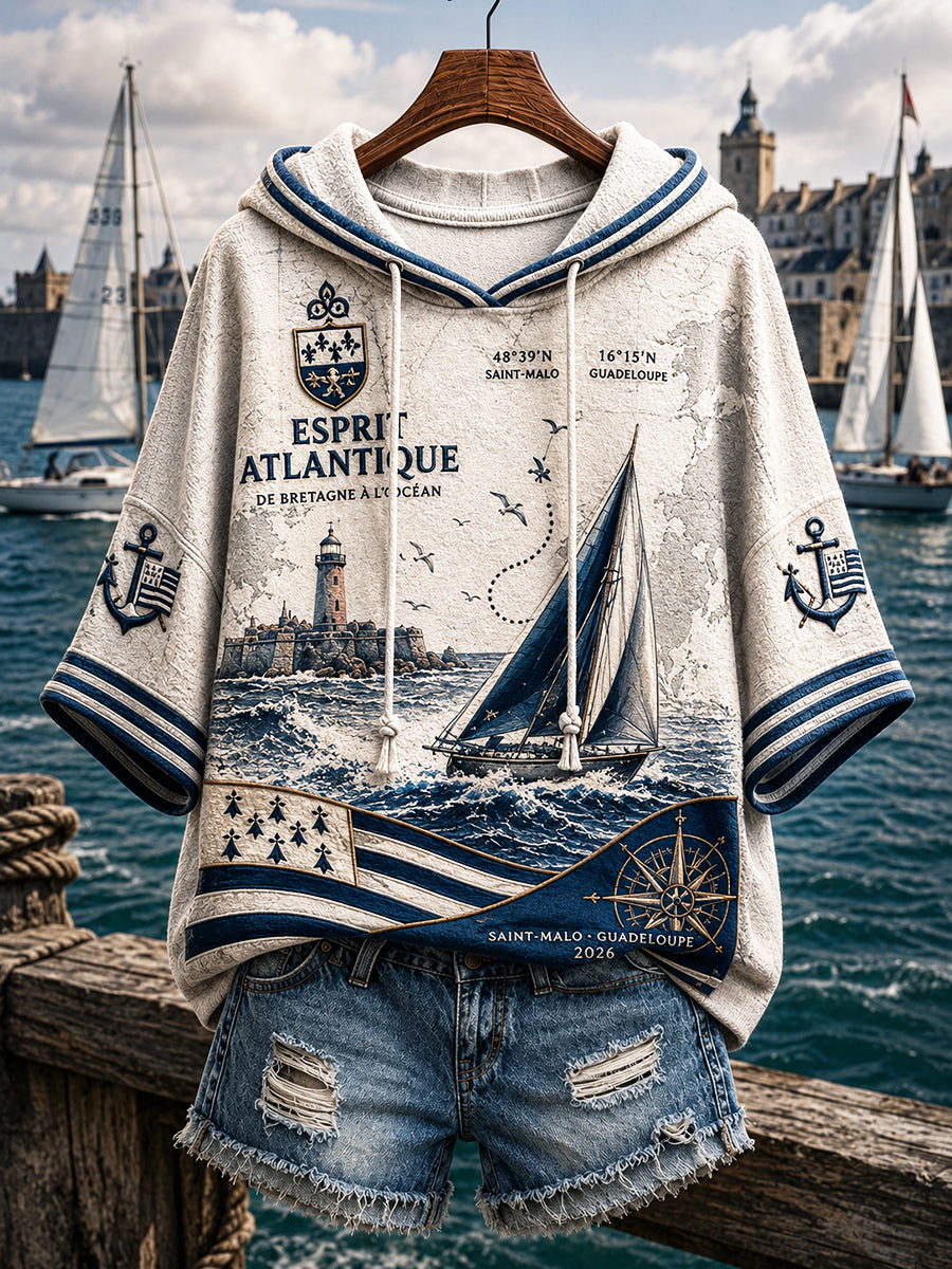Sweat-shirt décontracté à capuche pour femme, imprimé de la Route du Rhum française, couleur blanc cassé