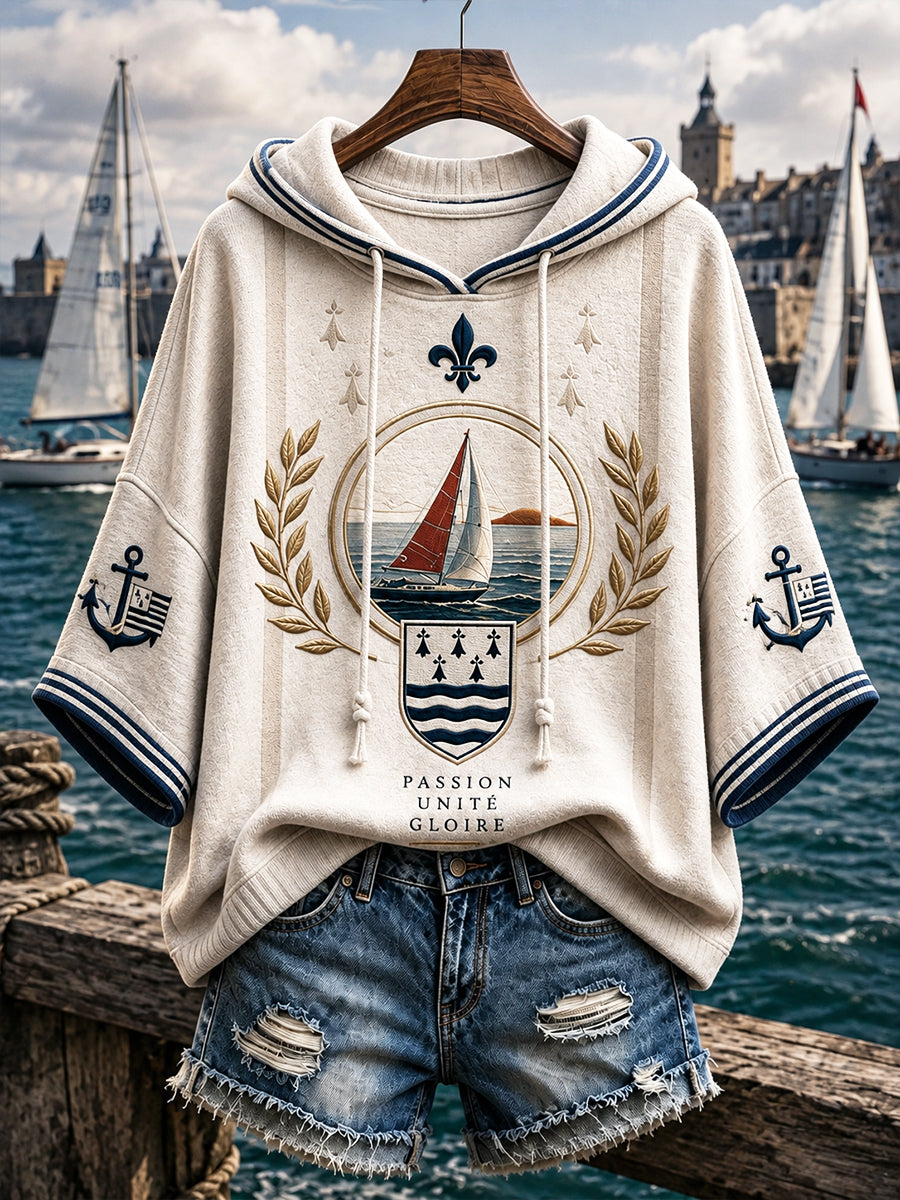 Sweat-shirt doux à capuche pour femme, imprimé de la Route du Rhum française, couleur blanc cassé