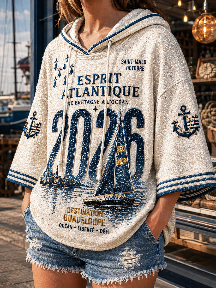 Sweat-shirt décontracté à capuche pour femme, motif patchwork, course de voile Route du Rhum 2026 en France
