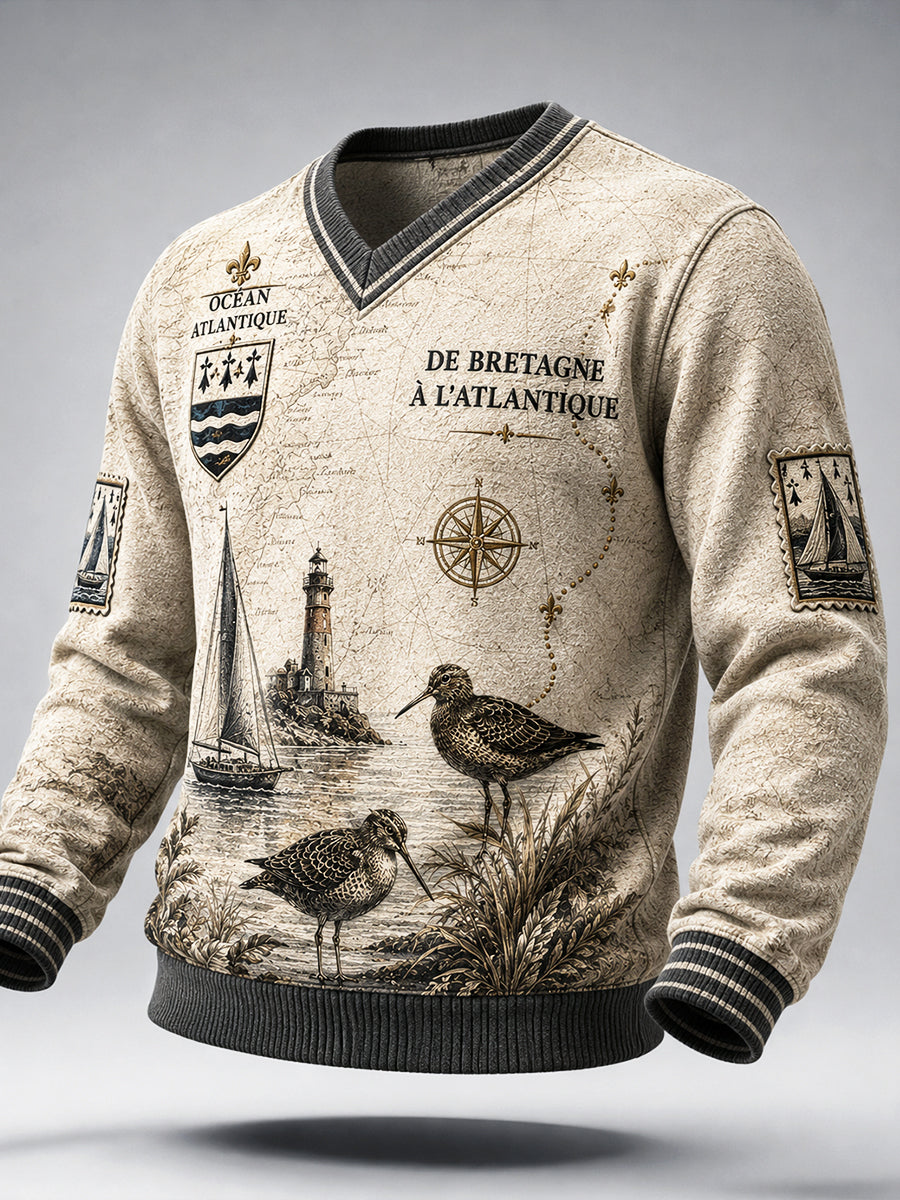 Sweat-shirt décontracté à col en V, imprimé de la course maritime «Route du rhum» pour hommes