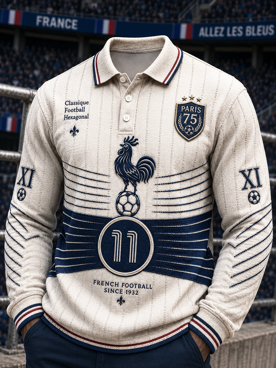 Polo homme à manches longues, décontracté, début d’automne, imprimé football Paris Saint-Germain, couleur blanc cassé