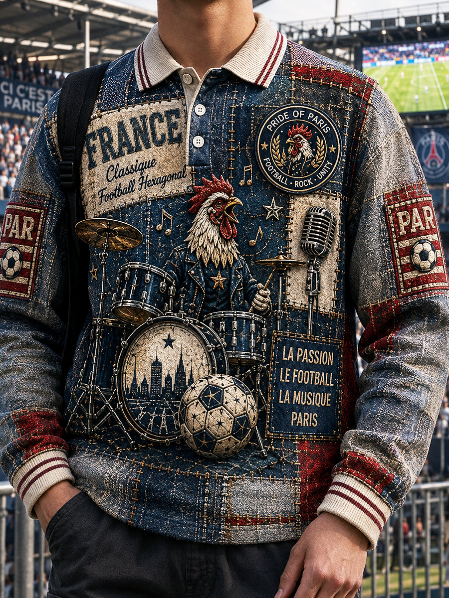 Polo Homme Retro Rock-Style Paris Saint-Germain Imprimé Football À Manches Longues