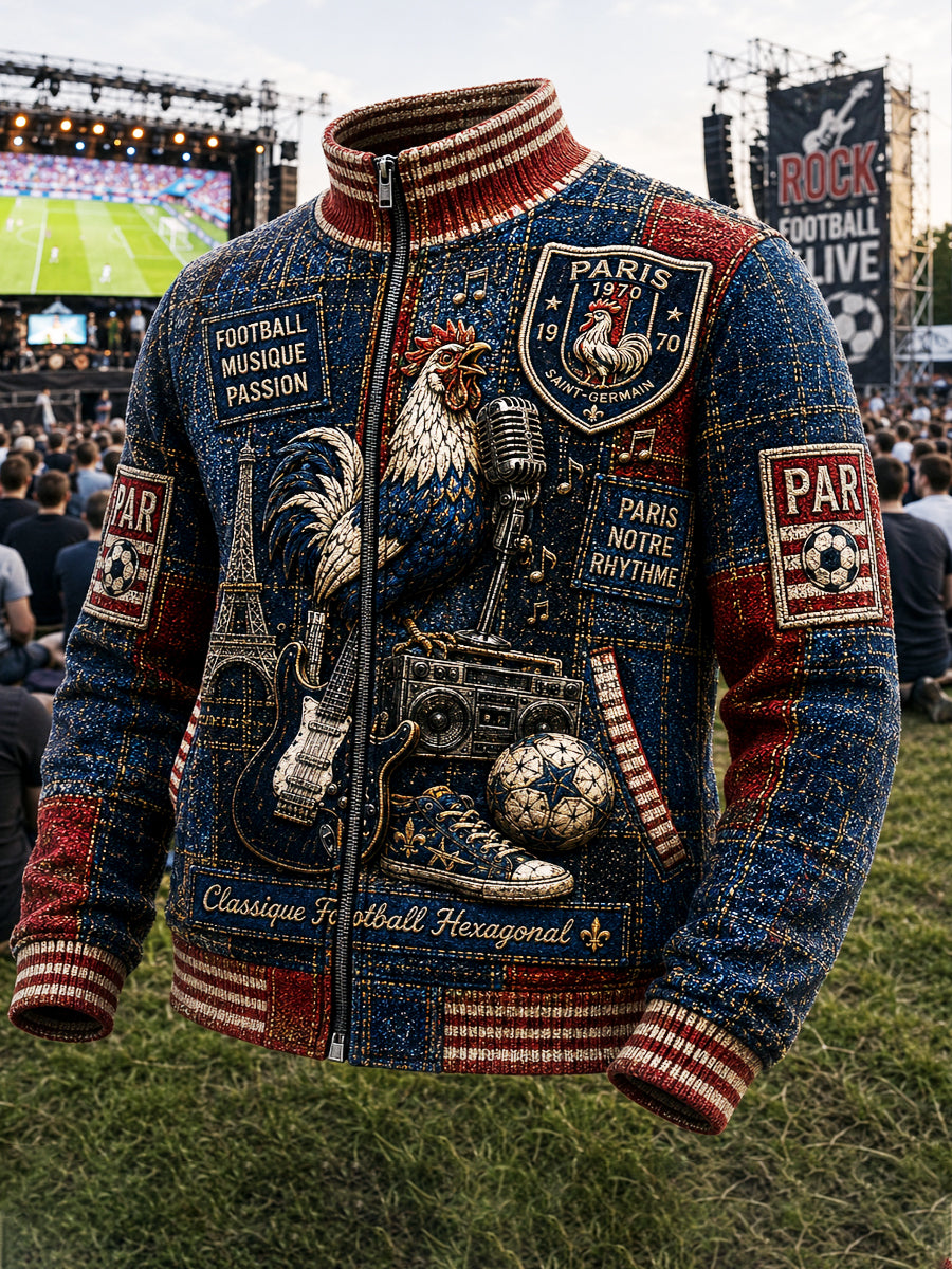 Hommes Retro Rock-Style Paris Saint-Germain Football-Veste décontractée à glissière imprimé