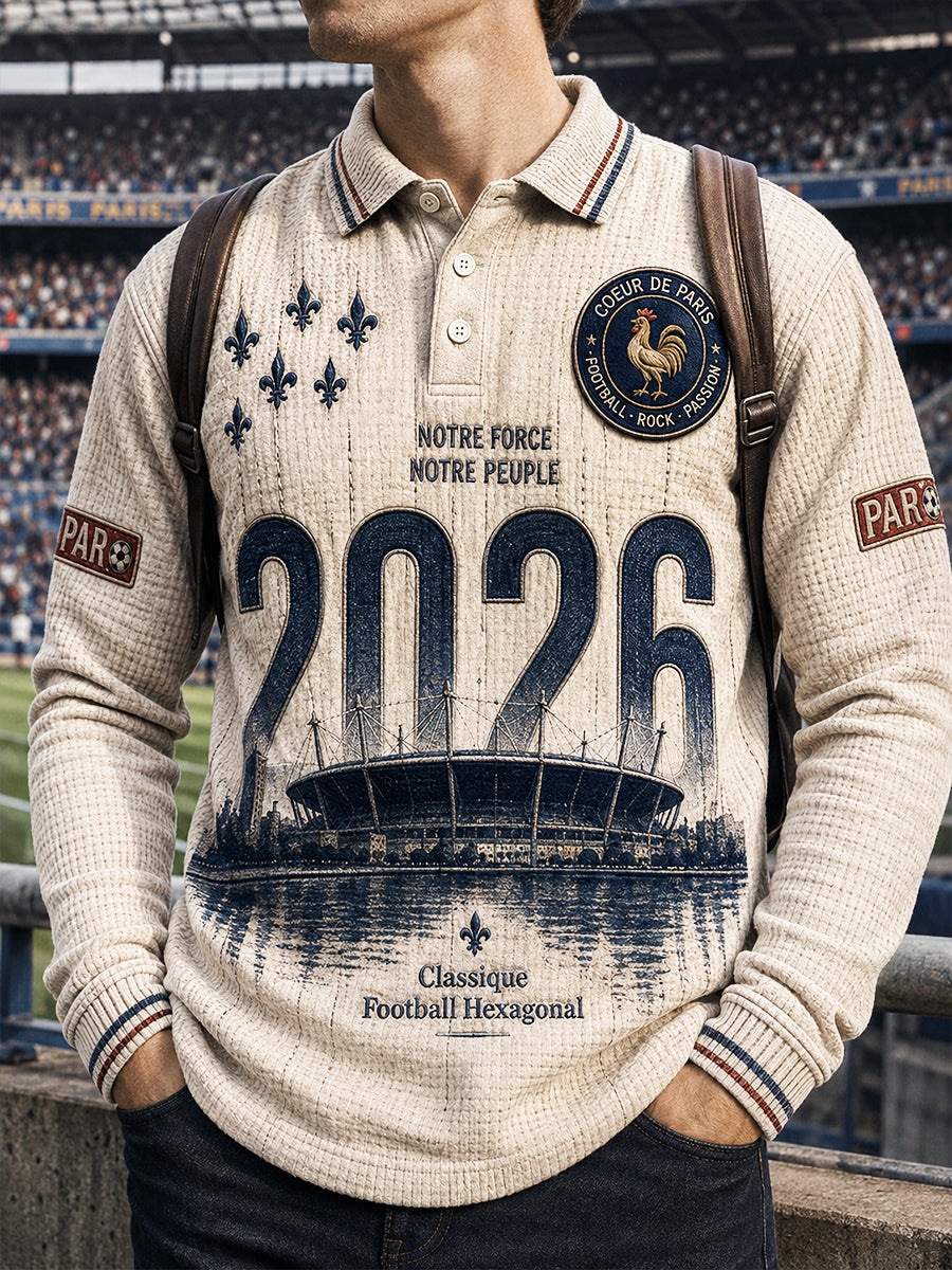 Polo Homme À Manches Longues Imprimé Football PSG Blanc Cassé