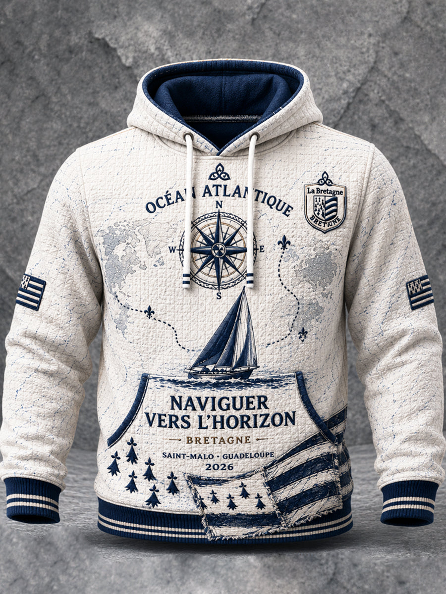 Sweat à capuche de sport décontracté pour homme, blanc, imprimé «Route du Rhum» de la Bretagne française