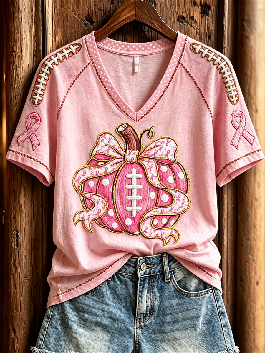 T-shirt à manches courtes à imprimé floral citrouille rose Cancer du sein inspiré du football féminin