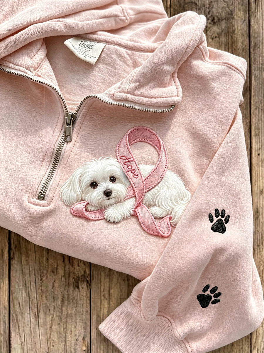 Sweat-shirt à fermeture éclair pour femme Hope avec ruban rose et empreintes de pattes maltaises