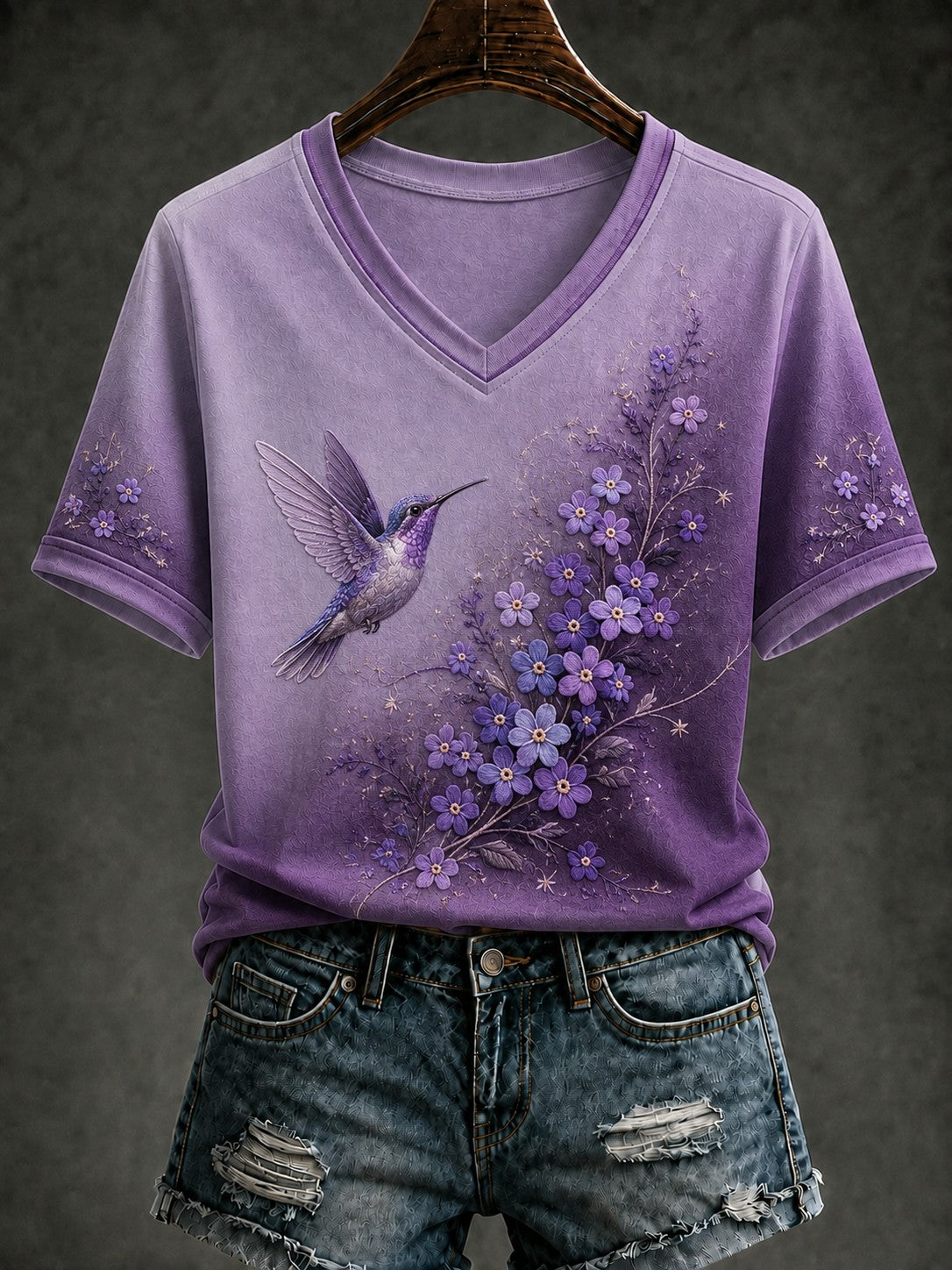 T-shirt à col en V imprimé de fleurs sur le thème de la maladie d’Alzheimer chez les femmes