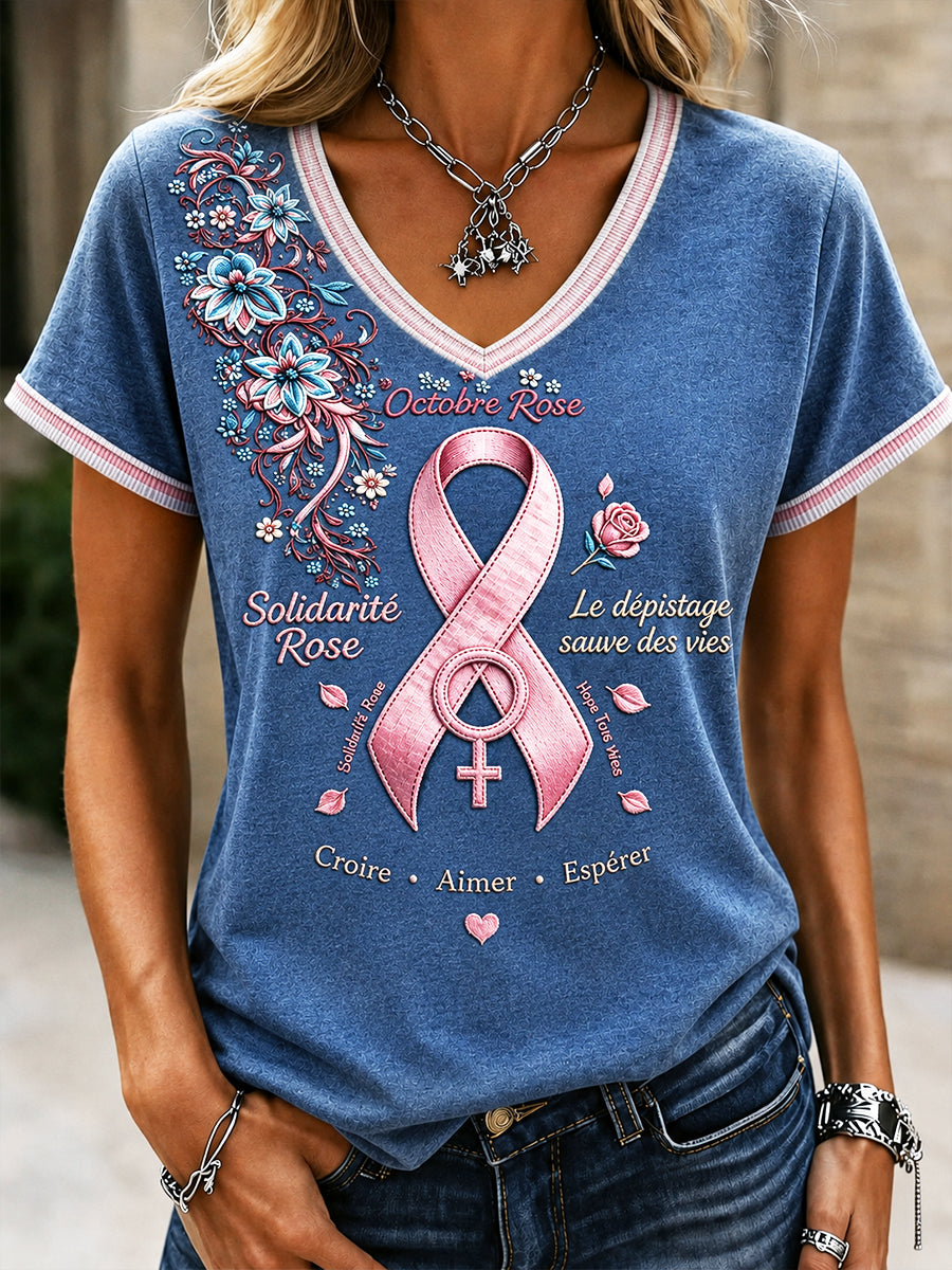 T-shirt à col en V décontracté à imprimé cancer du sein français bleu pour femme