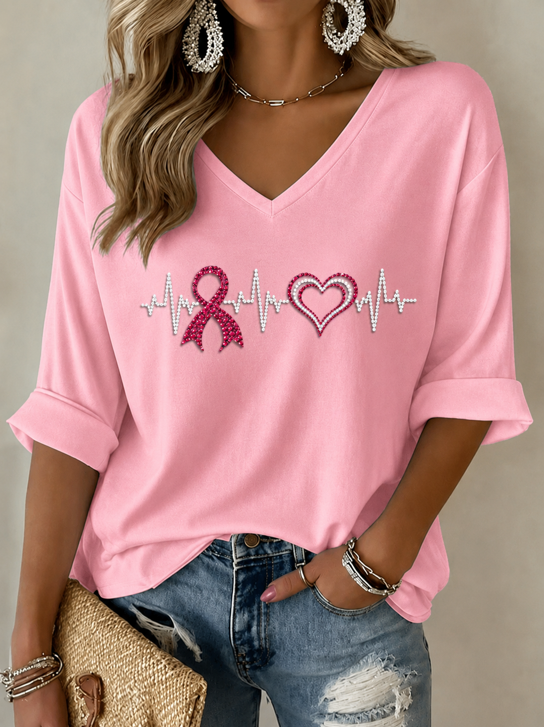 T-shirt à manches mi-longues et col en V pour la Journée du souvenir des femmes