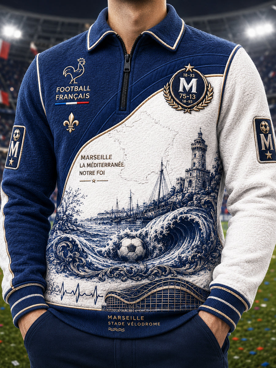 Sweat à capuche à col zippé décontracté pour hommes French Ligue 1 Marseille Football Patchwork Print