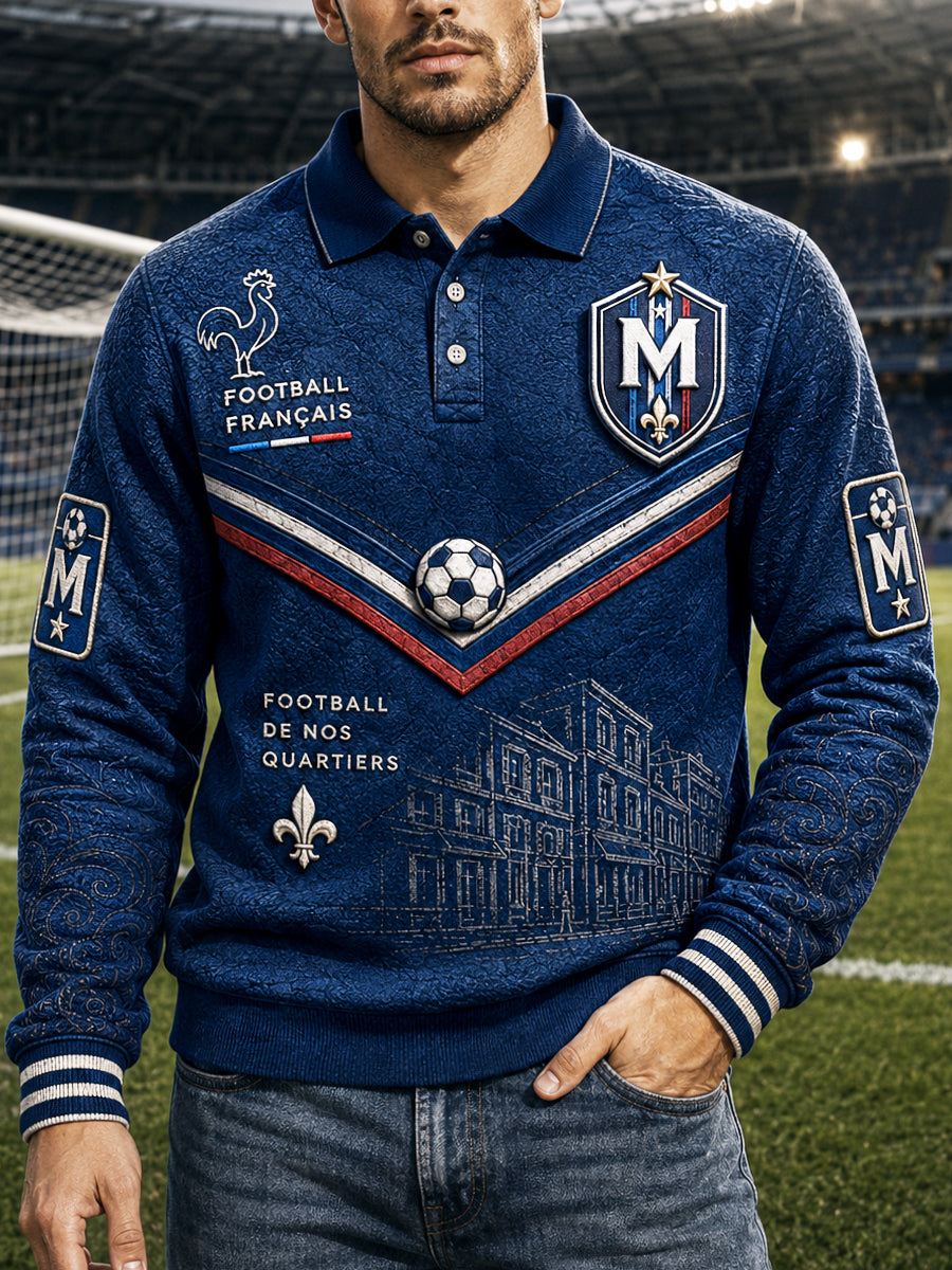 Homme Bleu Foncé Français Ligue 1 Marseille Football Imprimer Polo Casual Sweatshirt