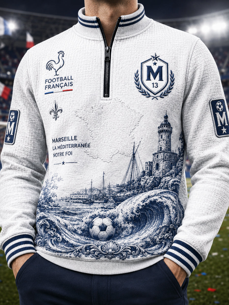 Hommes Français Ligue 1 Marseille Football Patchwork Imprimer Décontracté Zip-Up Hoodie