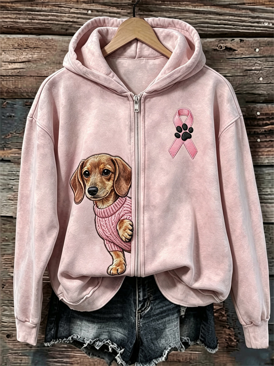 Peeking Dachshund chien rose ruban sensibilisation au cancer du sein des femmes Full Zip Hoodie