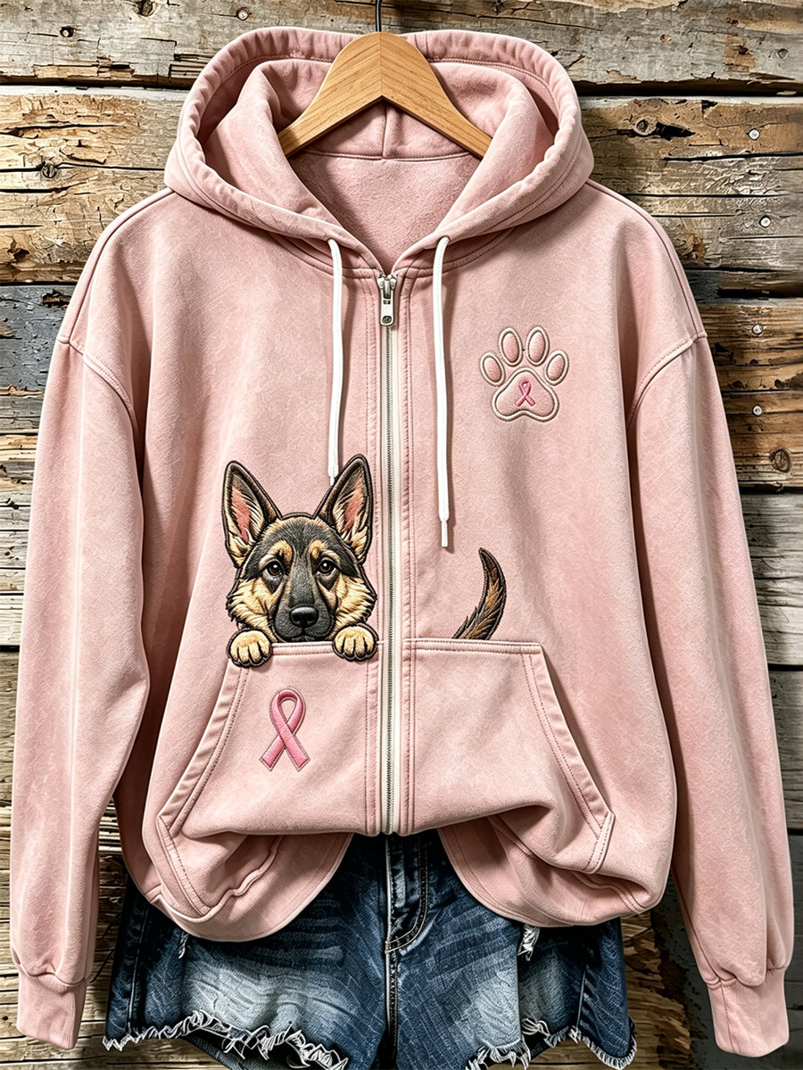 Sweat à capuche zippé pour femme avec imprimé patte de ruban et berger allemand